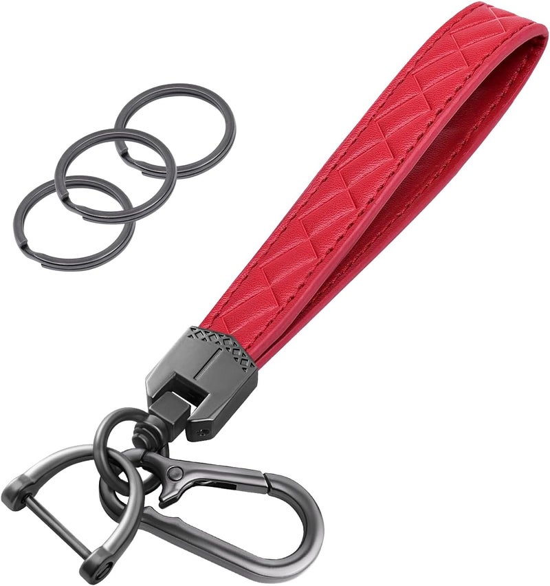 OHKYOOT Store Leather Wristlet Keychain,Car Key Chain Wrist Keychain with 3 Key Ring and Anti-Lost D Ring (Red Black) - Image 1